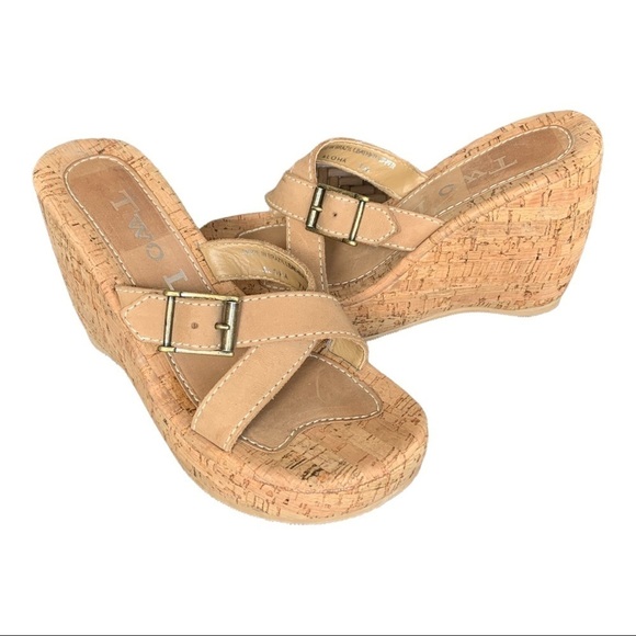 Two Lips Aloha Slides Leather Crisscross Buckle Cork Platform Wedge Sandal 7M - Picture 2 of 9